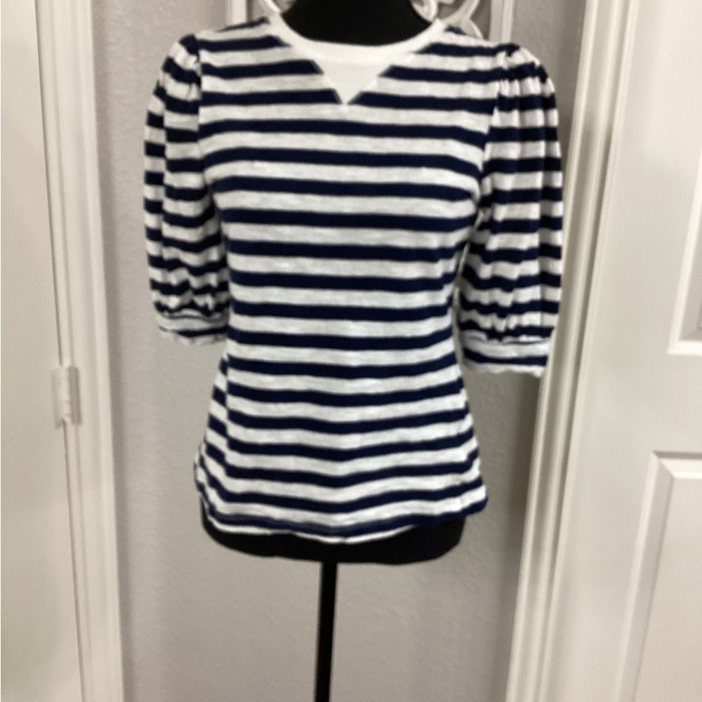 Black and White Fitted Ribbed Puff Sleeve Blouse